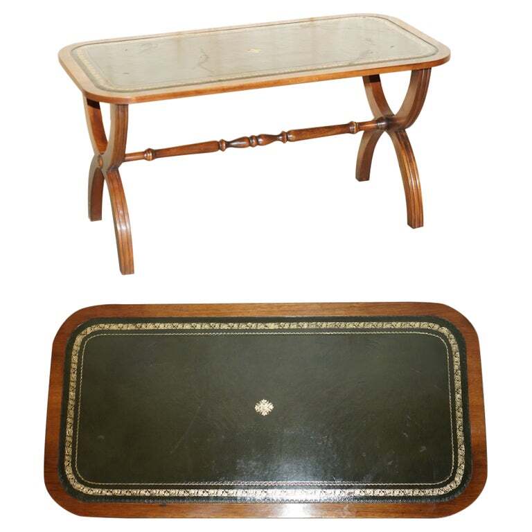 LOVELY VINTAGE GREEN LEATHER & MAHOGANY BEVAN FUNNELL COFFEE TABLE NICE PATINA