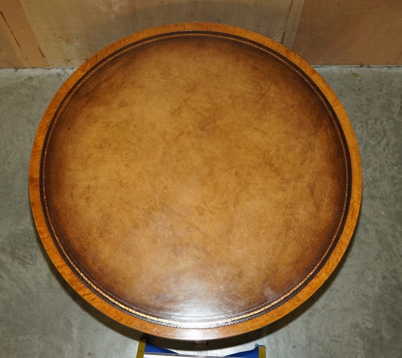 RESTORED ORIGINAL ANTIQUE SHERATON SATINWOOD BROWN LEATHER LIBRARY CENTRE TABLE gallery