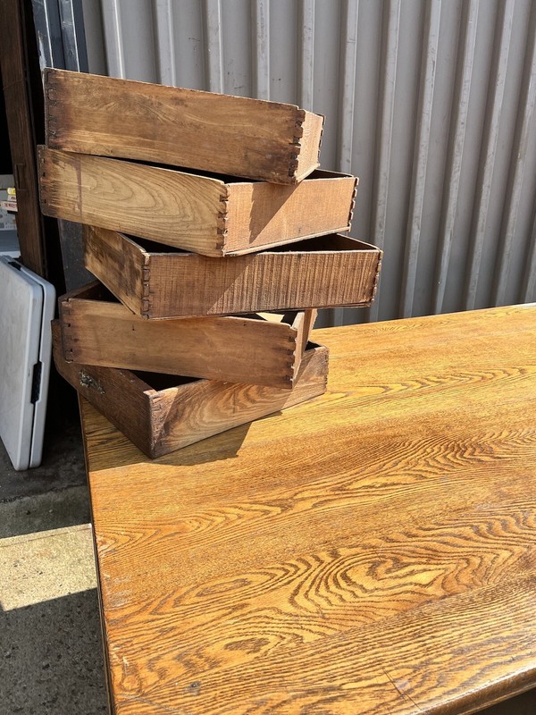 c1900 massive oak Trestle style table great patina 9’/42/30.5” - 10 drawers gallery