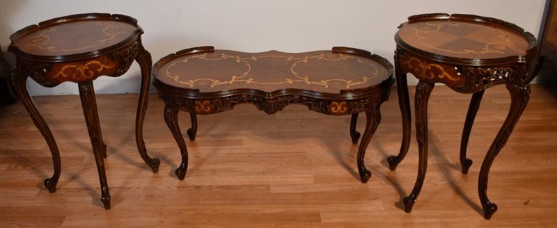 1920s Antique French Louis XV Walnut & Satinwood inlay coffee & end tables set