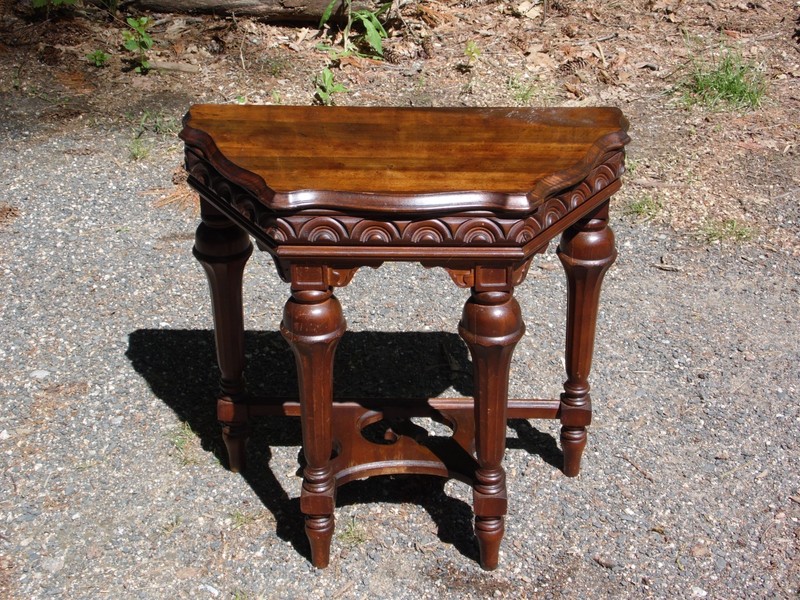 Vintage Jacobean Spanish Revival Style Solid Walnut Entry Table Demilune Table
