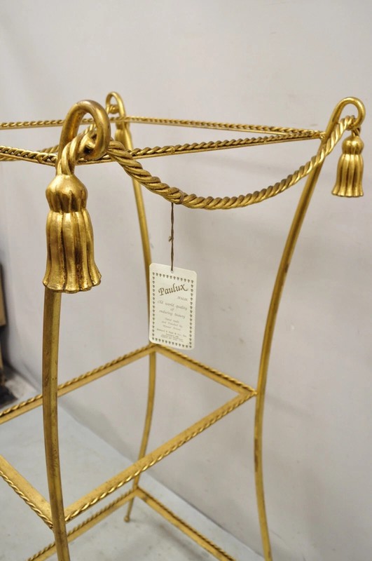 Italian Hollywood Regency Iron Rope Tassel Gold 3 Tier Etagere Stand Side Table gallery