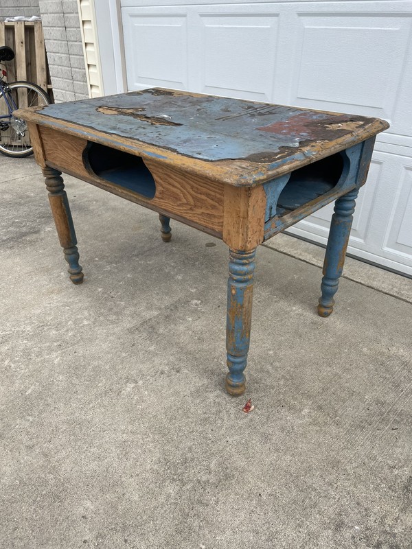 Old Antique Primitive Game Table Oak 42L 27W 29H Old Blue Paint Solid