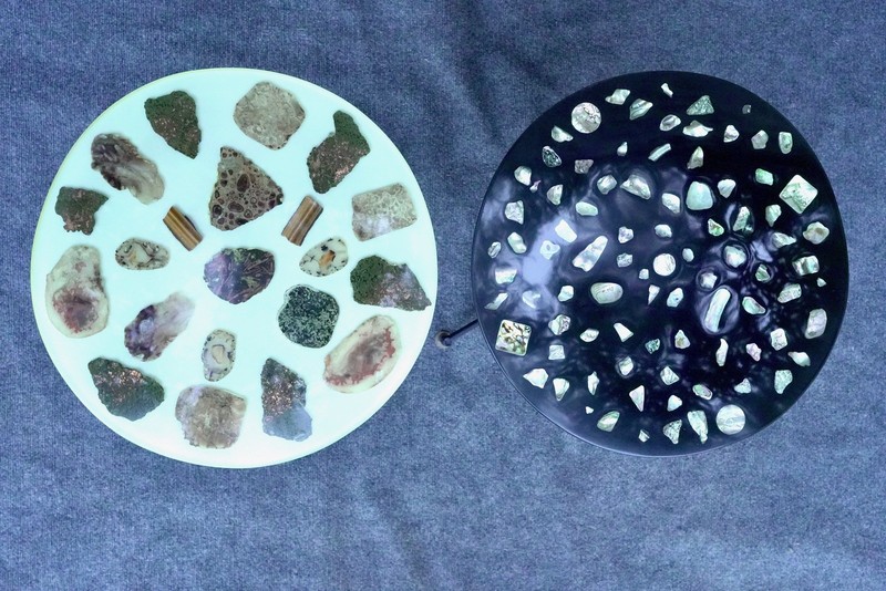 Mid Century Modern Stone Mother of Pearl Agate Resin Pedestal End Tables - 16" gallery
