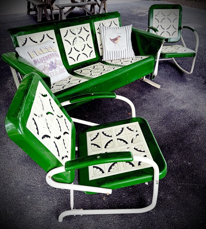 Vintage Metal Glider & Three Matching Chairs. Powder Coated In John Deere Green.