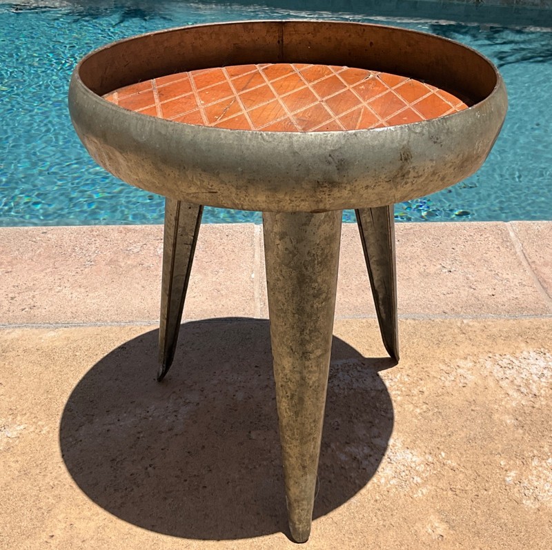 Vintage Brutalist Industrial Drink Table Tray Top Wood & Iron Martini Stand