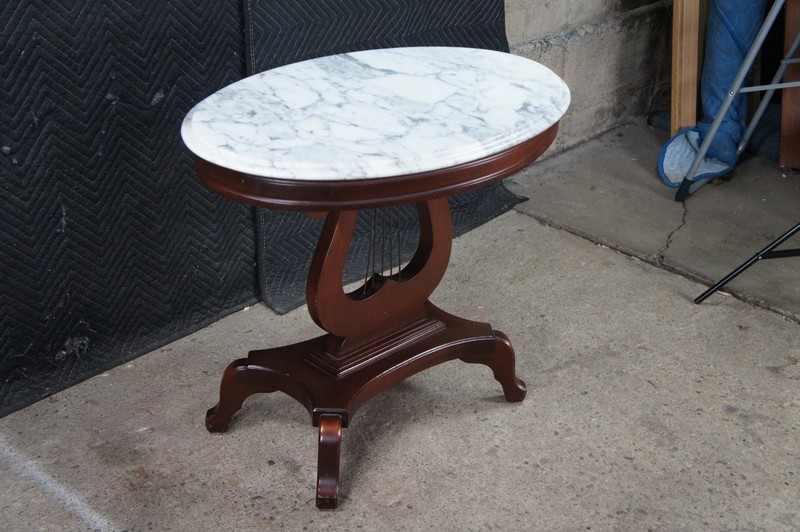 2 Victorian Revival Cherry Marble Top Lyre Harp Hall Entry Parlor Console Tables gallery