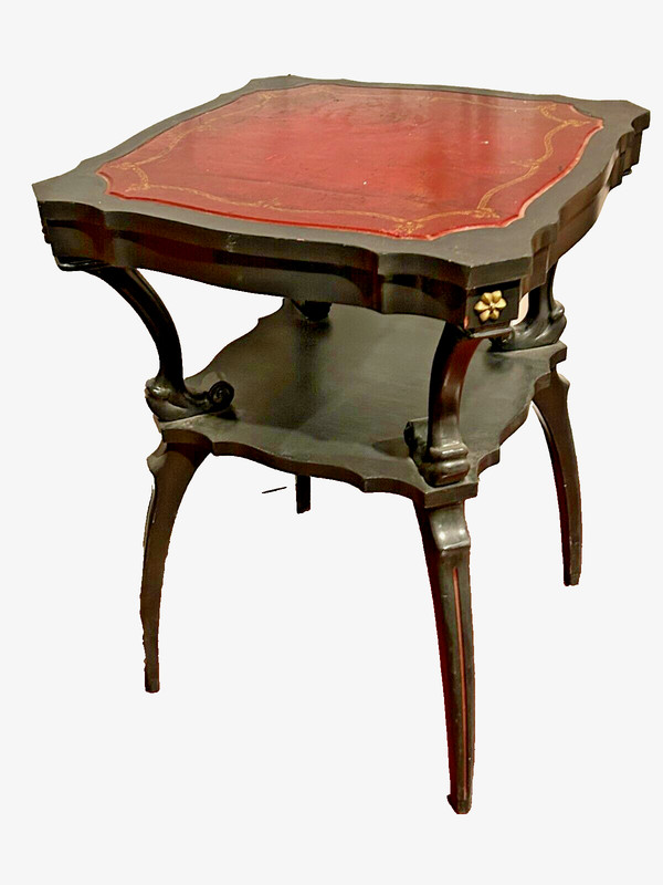 Rare 1940s Mahogany Spider Leg Two Tier Accent Table Gold Tooled Red Leather Top