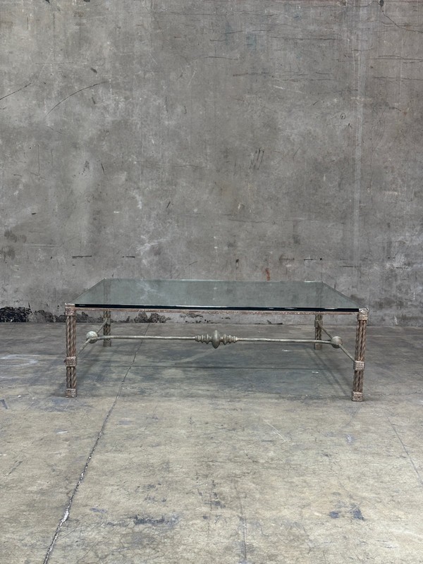 Vintage Italian Wrought Iron Coffee Table, Twisted Rope Base, Glass Top, 60in gallery