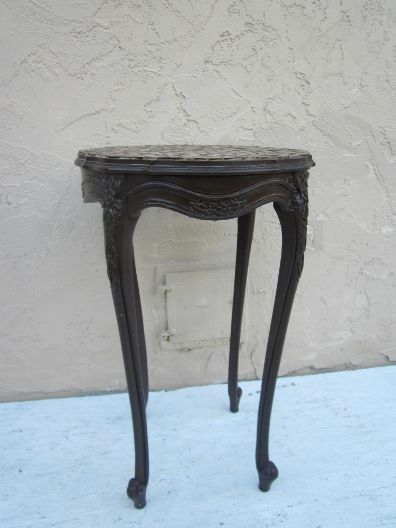 Vintage Dark Wood Side Table Carved Legs Mosiac Tile Top