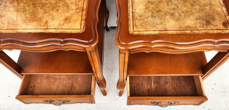 Vintage French Side Tables Walnut Leather Top by HAMMARY gallery