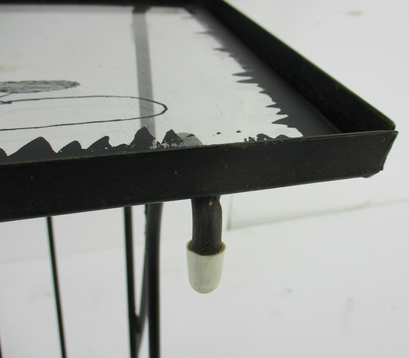 Side Table Magazine Rack Wrought Iron Legs Glass Top Hand painted Swans Vintage gallery
