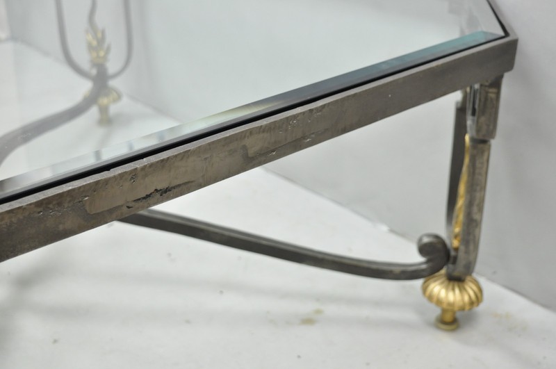 Vintage French Neoclassical Large Wrought Iron & Glass "Flame" Coffee Table gallery