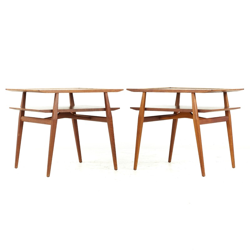 Bertha Schaefer for Singer & Sons MCM 2 Tier Walnut, Laminate Side Tables – Pair