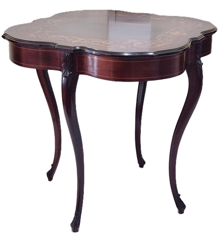 Center Parlor TABLE, Satin Inlaid, Burl, Mahogany, Louis XV, RJ Horner, 30"sq gallery