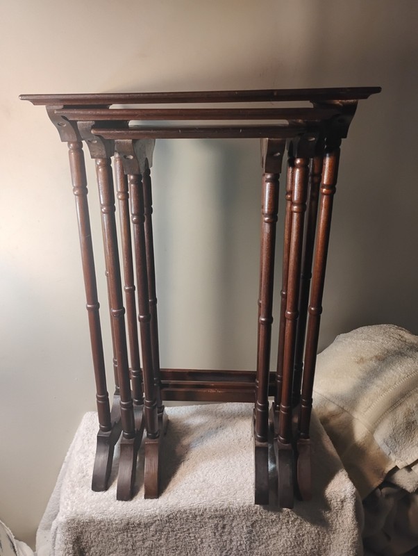 Antique Mahogany Inlaid Wood 3 Nesting Tables Orig Finish Lg Table 24"T 16"L 11" gallery