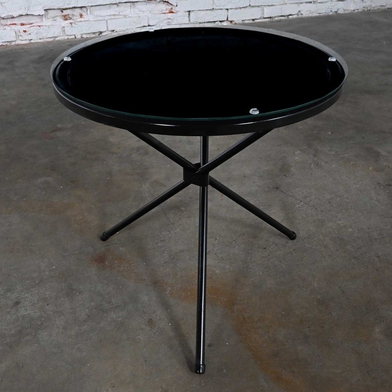 MCM Round Metal Outdoor Black Painted Tripod Accent Table with Glass Top gallery