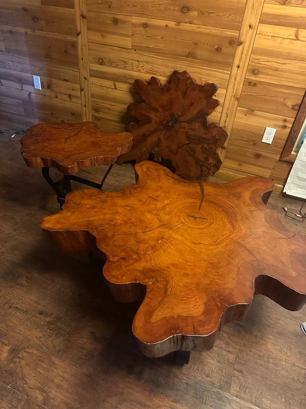 RED CYPRESS HIGH-GLOSS VINTAGE LIVE EDGE COFFEE TABLE