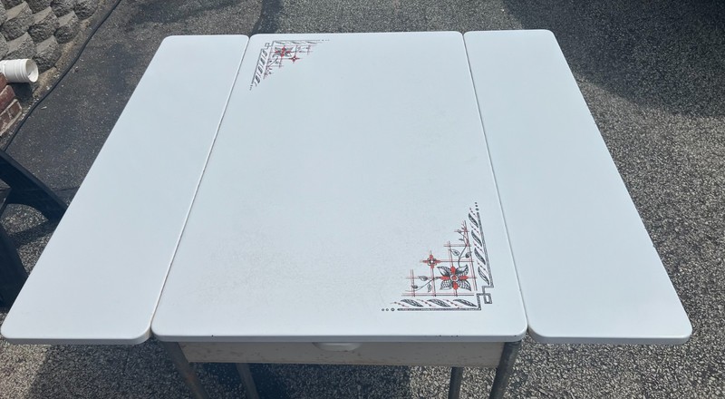 Vintage Porcelain Enamel Top Table w/ Slide Outs Black White Red With Chrome Leg
