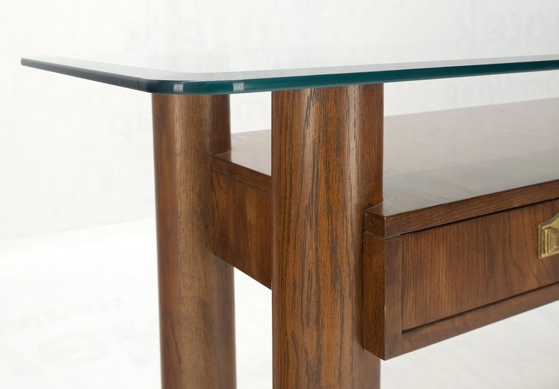 Heavy Solid Oak Cylinder Legs Brass Tips Hardware Two Drawers Console Table MINT gallery