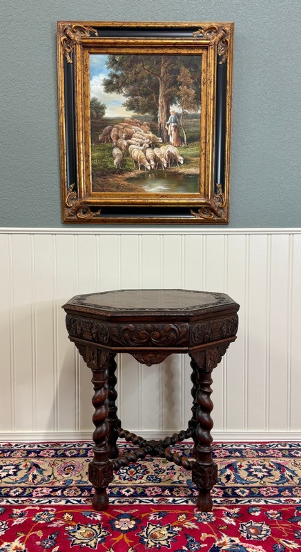 Antique French Octagonal Table Renaissance Revival Carved Barley Twist Oak 19thC gallery
