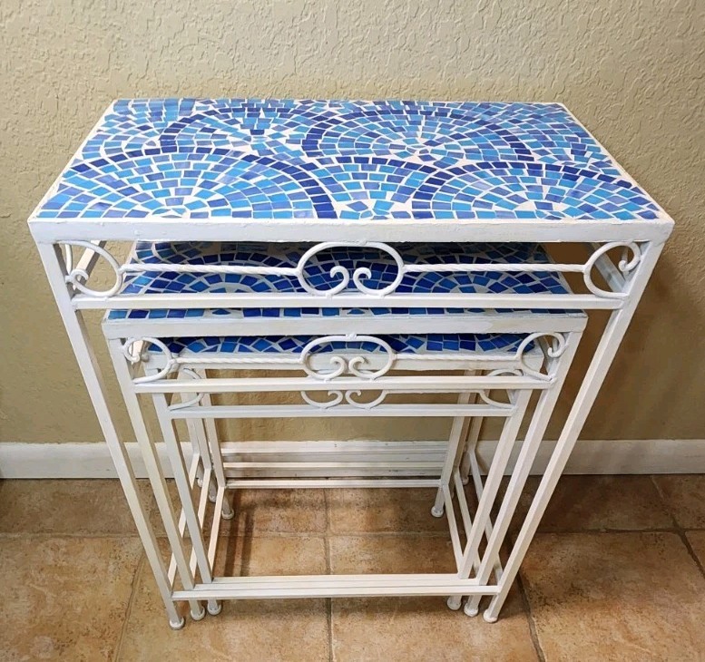 Set Of 3 Vintage Blue Rainbow Mosaic Tiled Cast Iron Nesting/Stackable Tables gallery