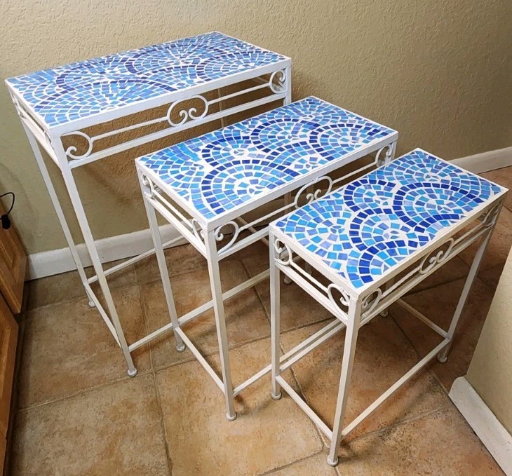 Set Of 3 Vintage Blue Rainbow Mosaic Tiled Cast Iron Nesting/Stackable Tables gallery