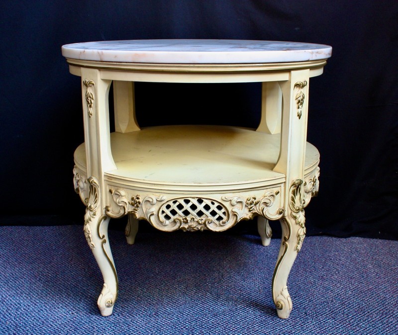 Table with Marble Top Vintage 2-Piece Hollywood Regency Hand Carved Wood