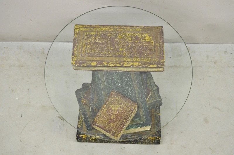 Vintage Regency Style Figural Faux Stacked Book Form Round Glass Top Side Table gallery