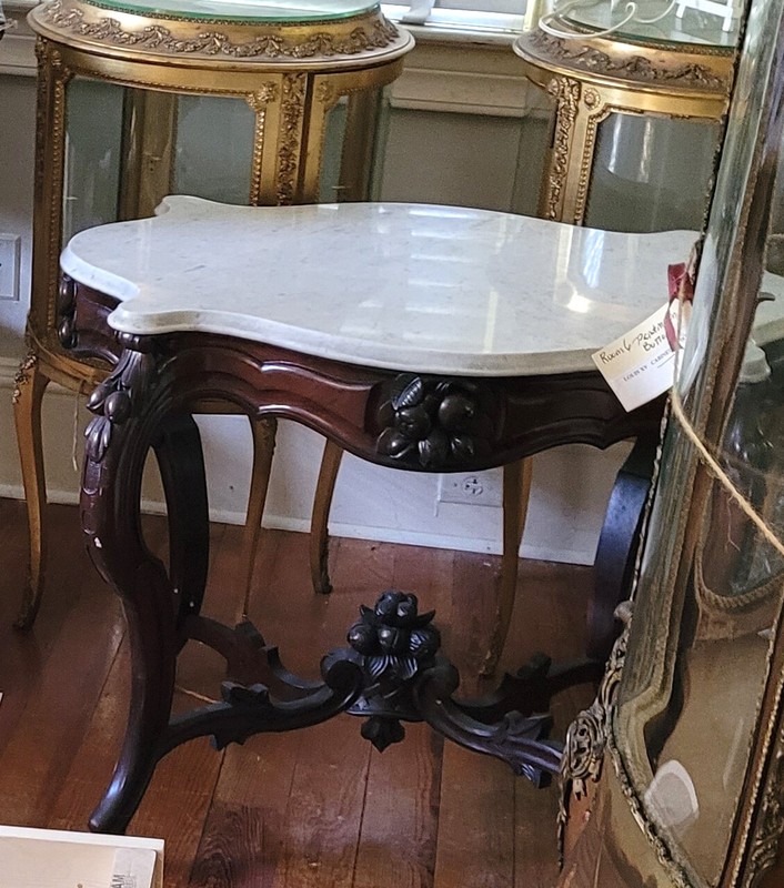 Antique Turtle Top Table Rococo Revival White Marble1800's gallery
