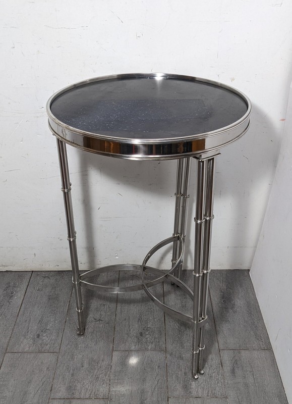 Vintage Chrome Nickel & Marble Round Faux Bamboo Table Hollywood Regency MCM gallery