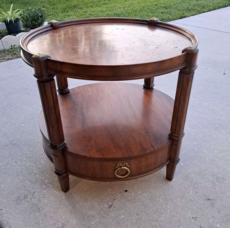 Weiman Vintage Round Two-Tier Wooden Accent Table with Drawer & Brass Ring Pull