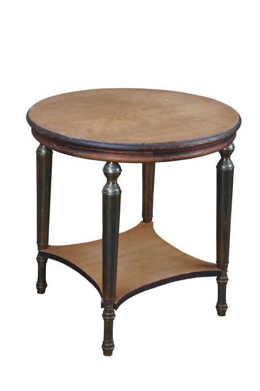 Mid Century French Empire Style Oak & Brass Round Gueridon Side End Table 25″