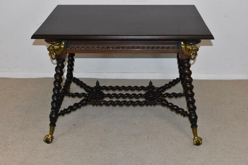Antique Solid Mahogany Library Table Rope Turned Legs Lion Head Details