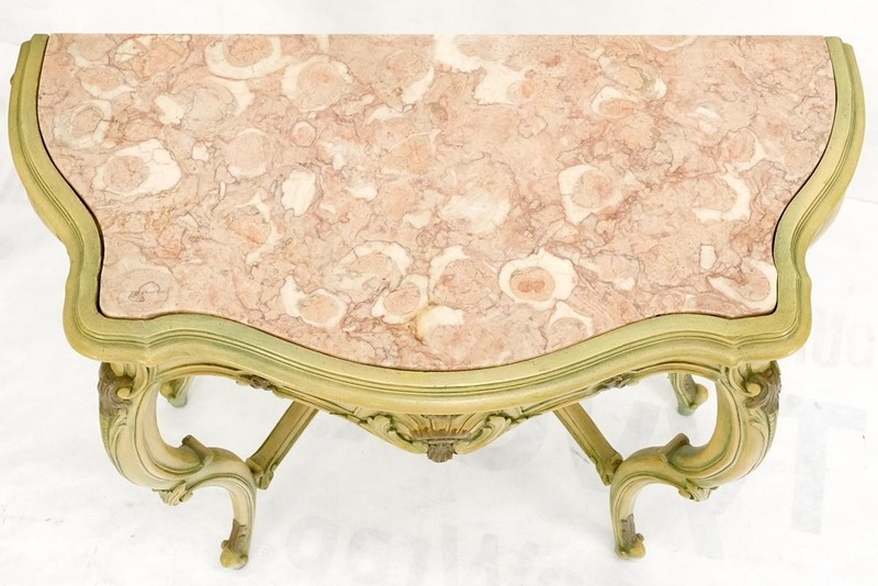 Carved French Regency Paint Decorated Console Table w/ Rouge Pink Marble Top gallery