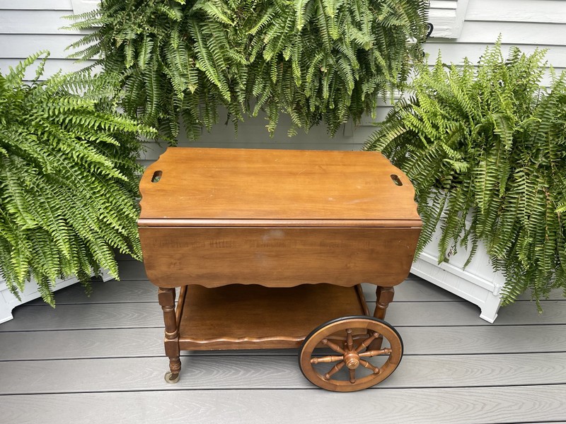 VTG ETHAN ALLEN MAPLE ROLLING TEA CART DROP LEAF SIDE END COFFEE TABLE W/ SHELF gallery