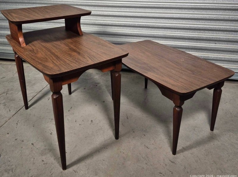 Mid Century Modern Two‑Tier End Table + Matching Coffee Table – Walnut