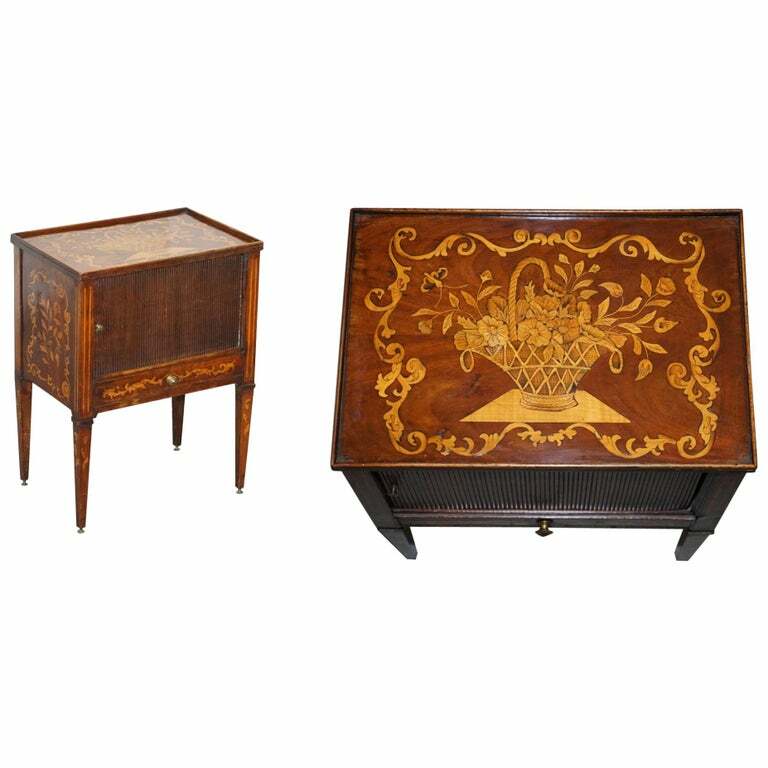 LOVELY 19TH CENTURY DUTCH MARQUETRY INLAID SIDE TABLE WITH TAMBOUR FRONTED DOOR