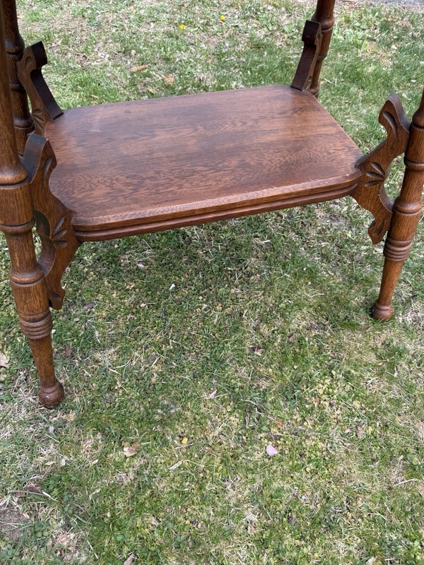 Antique Victorian 2-Tier Parlor Table ~ Nice Carved Oak Wood Apron & Brackets gallery