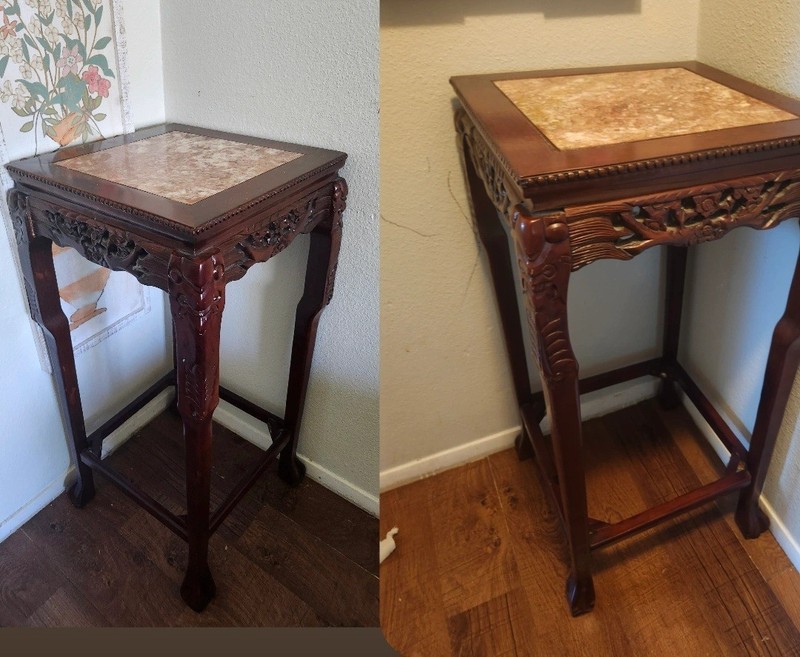 2 Chinese Handcarved Side Tables Marble Inserts. Great Condition 36″ H Pedestals