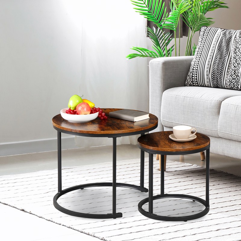 Industrial Round Coffee Table Set of 2 Nesting End Tables for Small Spaces Brown gallery