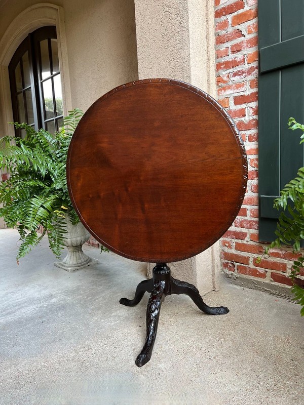 Antique English Tilt-Top Round Table Carved Mahogany Game Mahjong Wine c1890