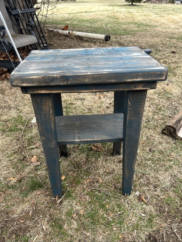Antique Folk Art Early American Outdoor Side Table- Chippy Blue Paint NICE