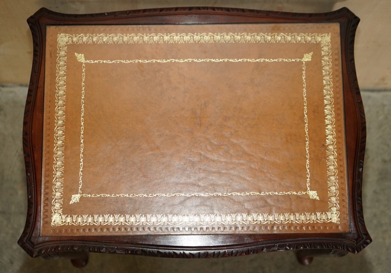 VINTAGE NEST OF THREE GOLD LEAF EMBOSSED BROWN LEATHER TOPS SIDE END WINE TABLES gallery