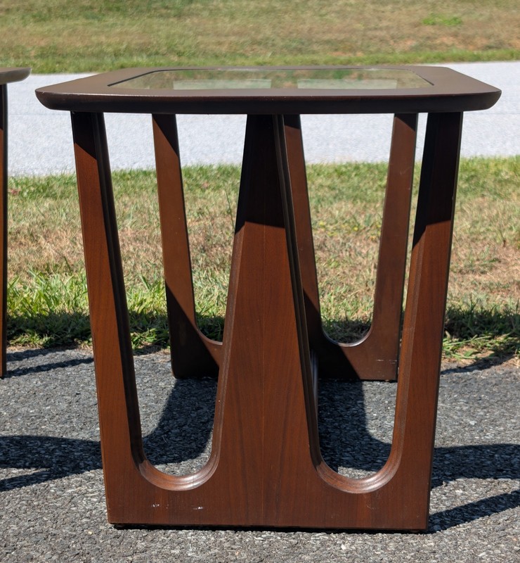 Mid Century Modern Bassett End Side Tables Walnut Arch Design Vintage gallery