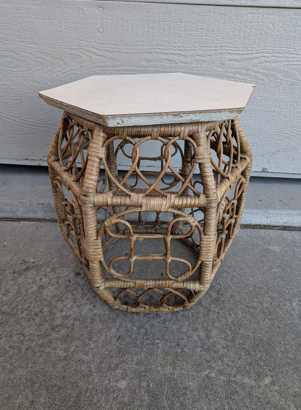 Vintage Asian Chinoiserie Boho Chic Bamboo Wicker Rattan Side Drum Table D72 gallery