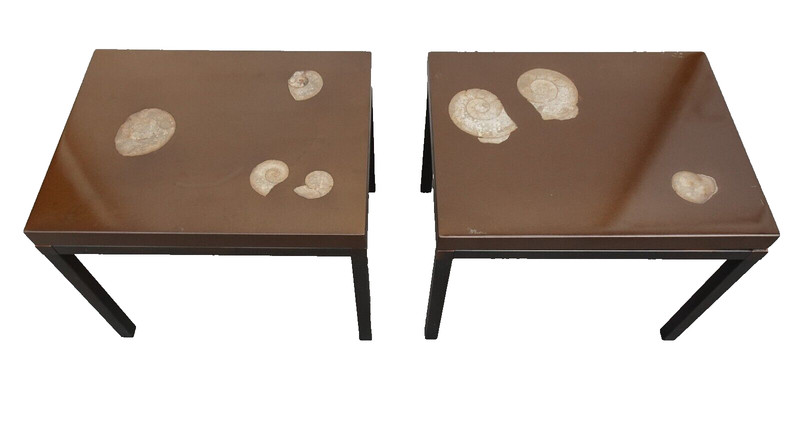 VINTAGE ART TABLES EPOXY RESIN FOSSIL ADO CHALE OR ETIENNE ALLEMEERSCH ? BELGIAN