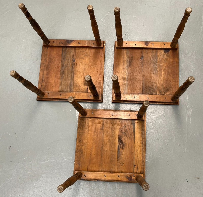 Set 3 KNOTTY PINE WOOD SIDE TABLES Spindle Legs Woodgrain VTG Furniture 15" SQ gallery