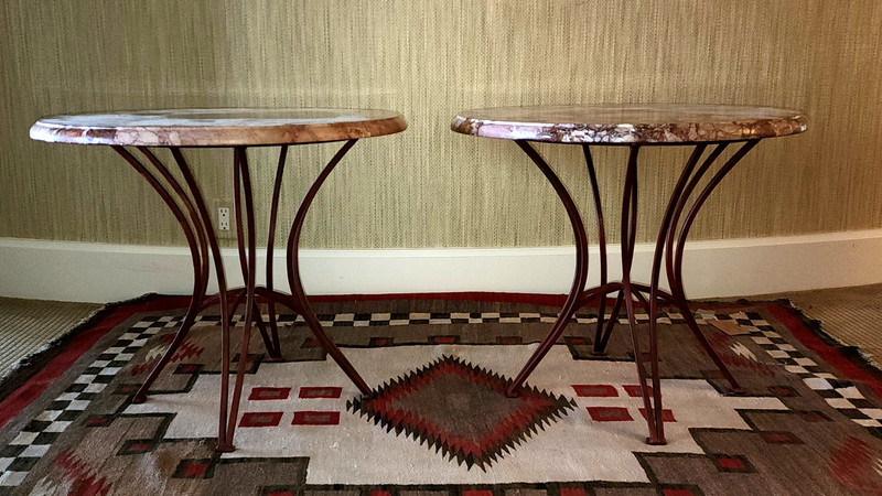Vintage Matching Pair of Pink Marble Top Coffee Tables with Original Iron Bases gallery