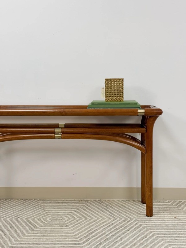 Mid Century Modern Bent Wood And Glass Console Sofa Table With Brass Inlay gallery